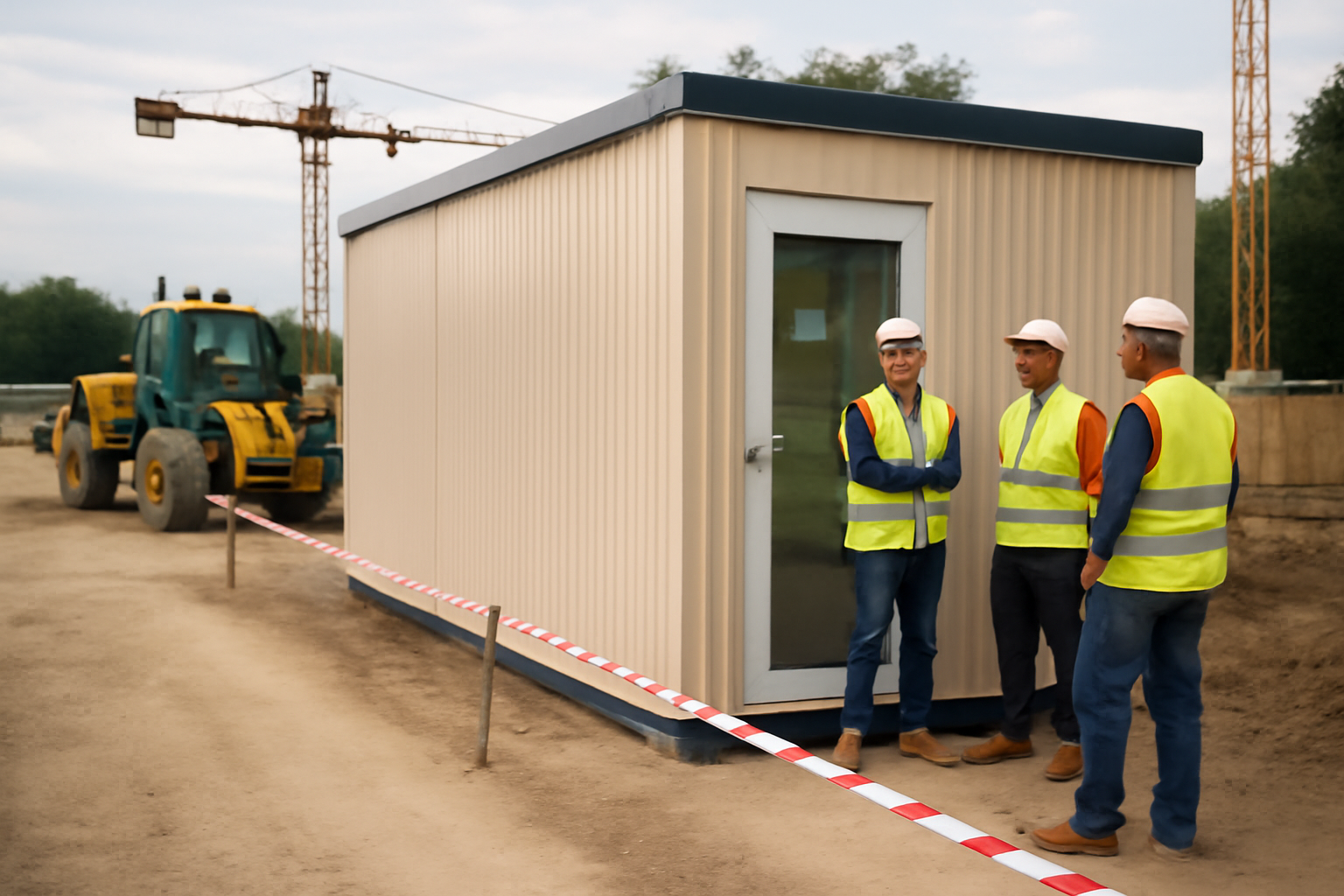 Cabane de chantier sur un chantier français avec équipe en gilet, vue réaliste