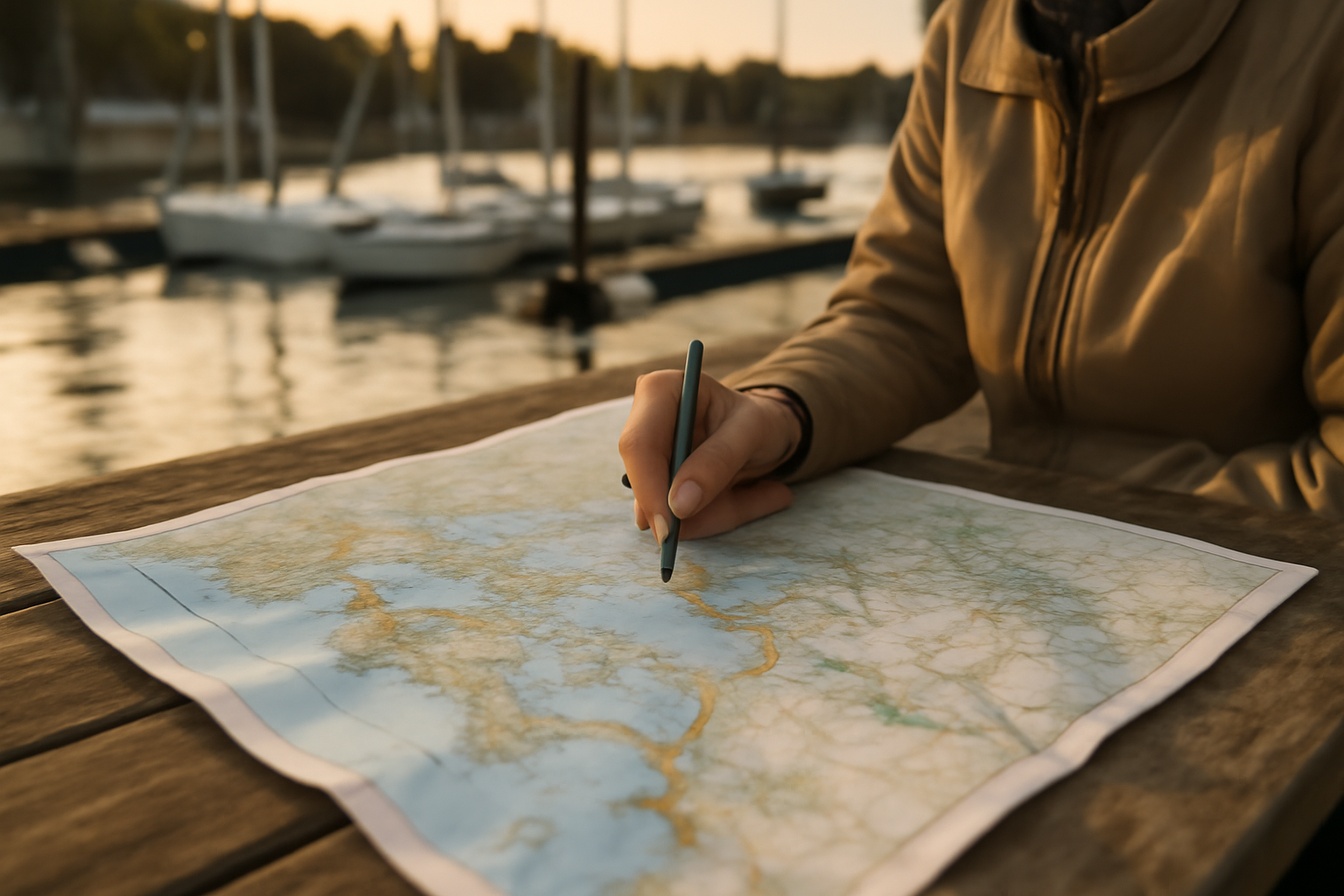 Carte du golf du morbihan sur table près d’un port, repères îles et embarcadères