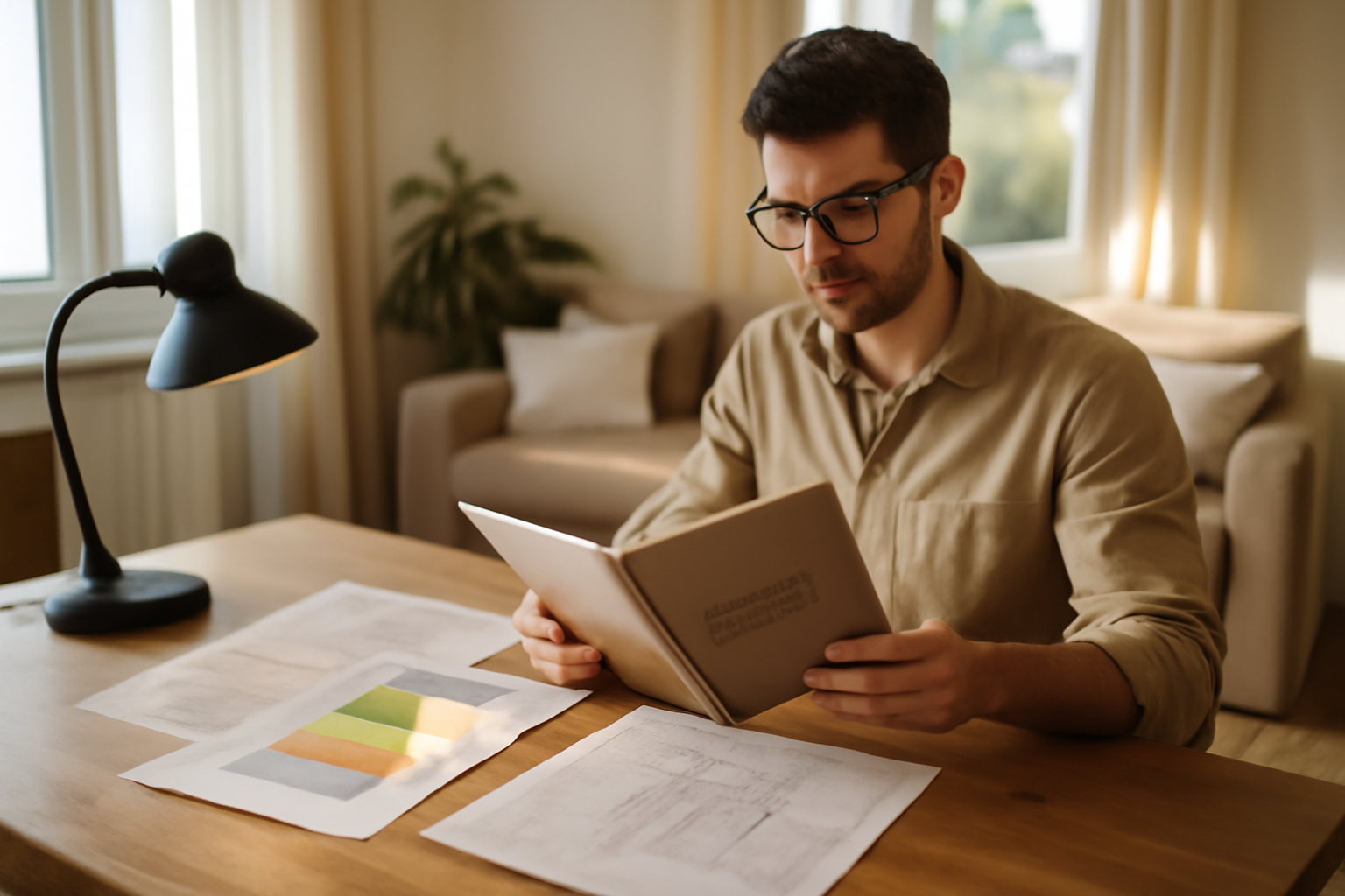 Cil (carnet d’information du logement) sur une table à côté de documents de rénovation et d’un diagnostic de performance énergétique