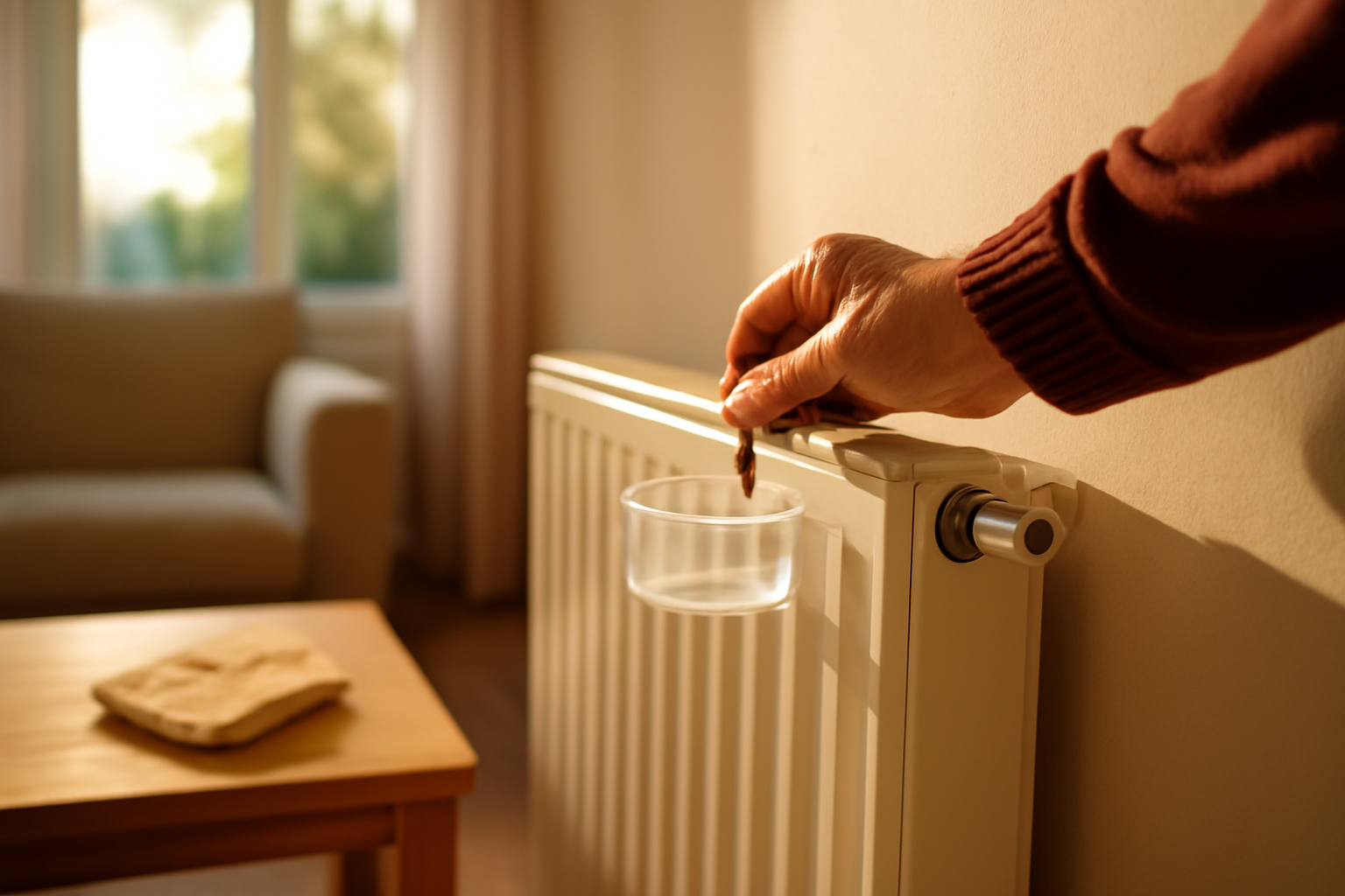 Comment purger un radiateur : purgeur en partie haute, clé de purge et récipient devant un radiateur