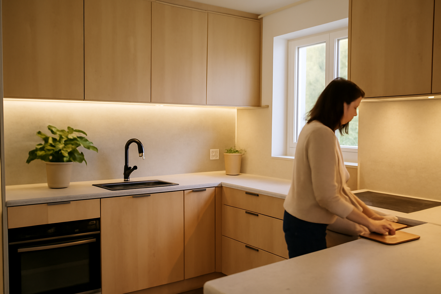 cuisine en l sur mesure avec éclairage sous meubles et plan de travail