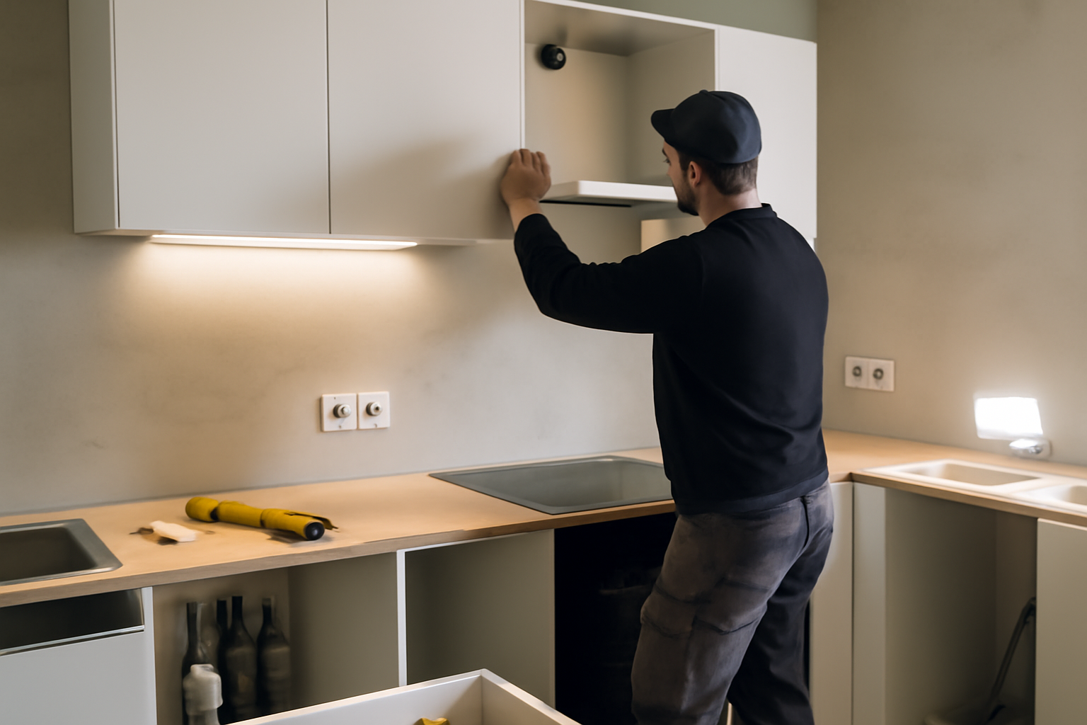 installation technique cuisine en l avec hotte et prises électriques positionnées