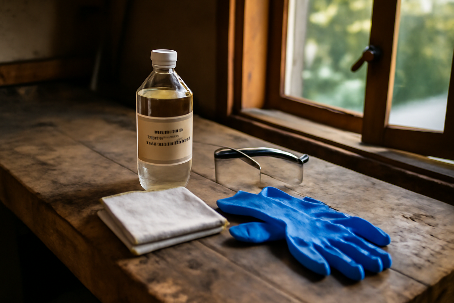Essence de térébenthine sur établi, chiffons et gants de protection, lumière naturelle