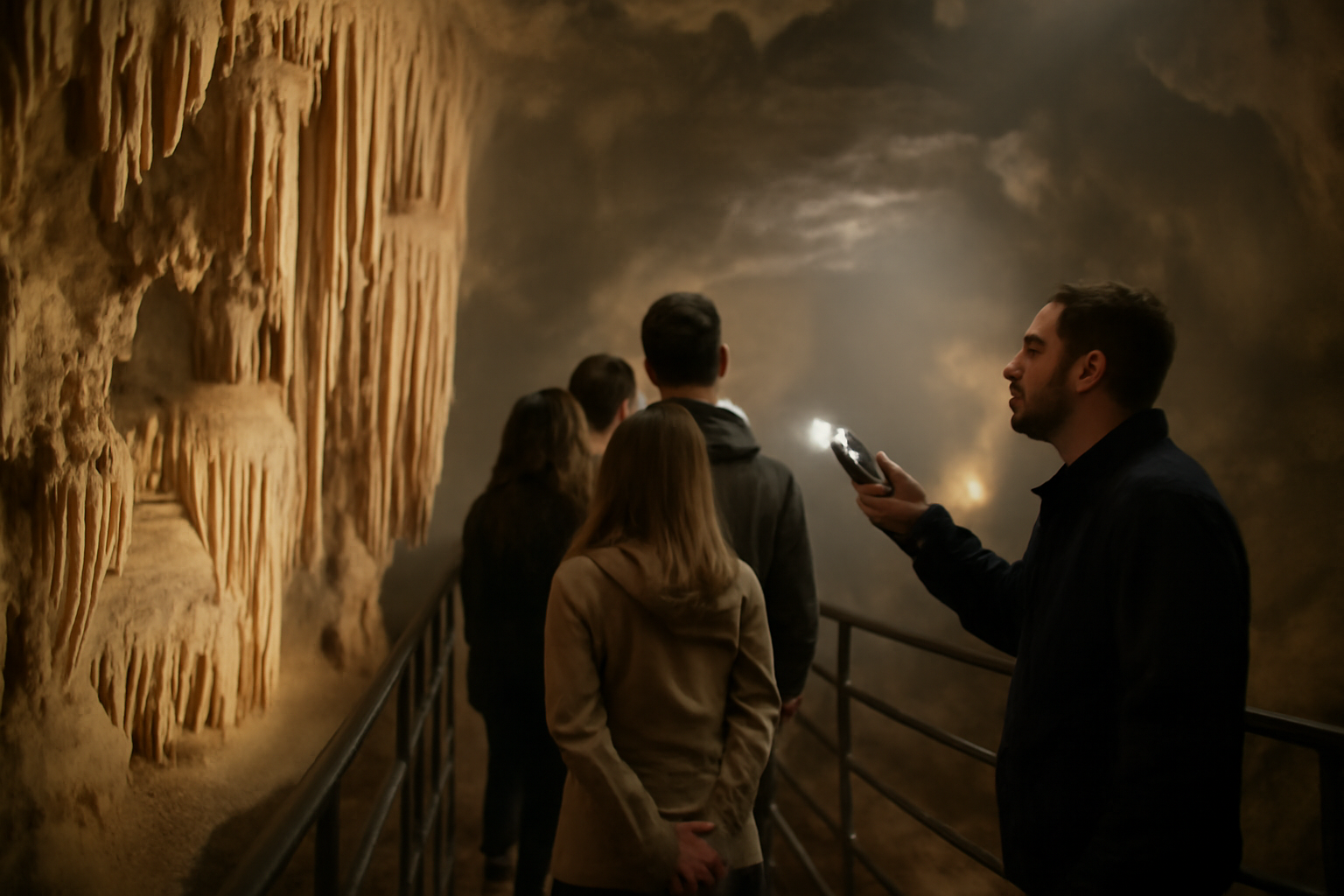 intérieur de la grotte saint cezaire : concrétions et visiteurs sur le parcours aménagé
