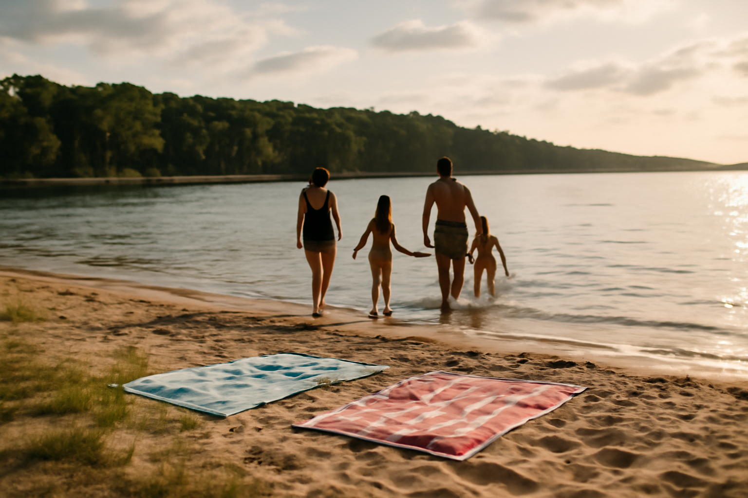 Baignade au lac de Biscarrosse, plage et pins au bord de l’eau, famille entrant progressivement dans l’eau