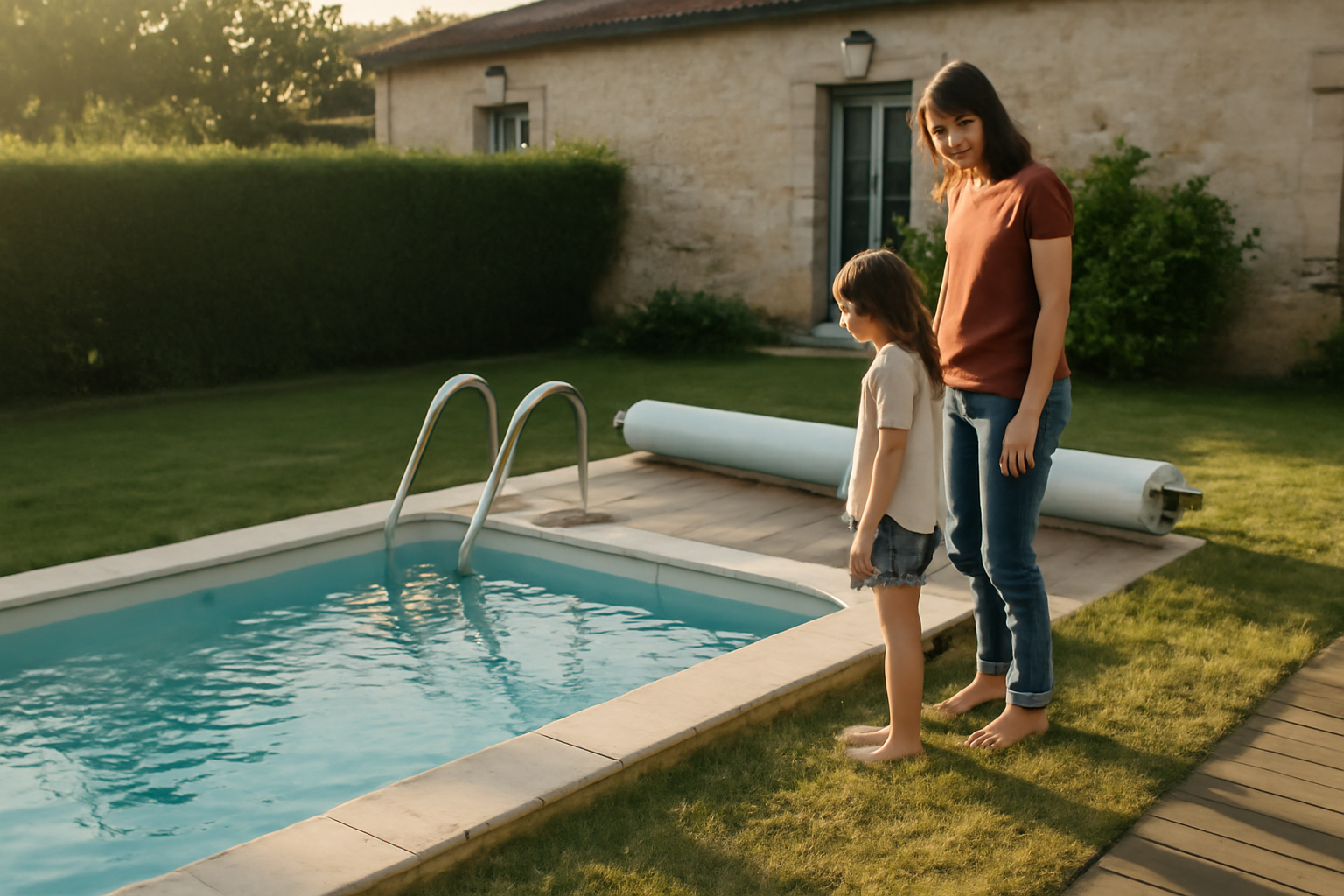 Petite piscine compacte de moins de 10 m² dans un jardin en Charente, lumière de fin d’après-midi