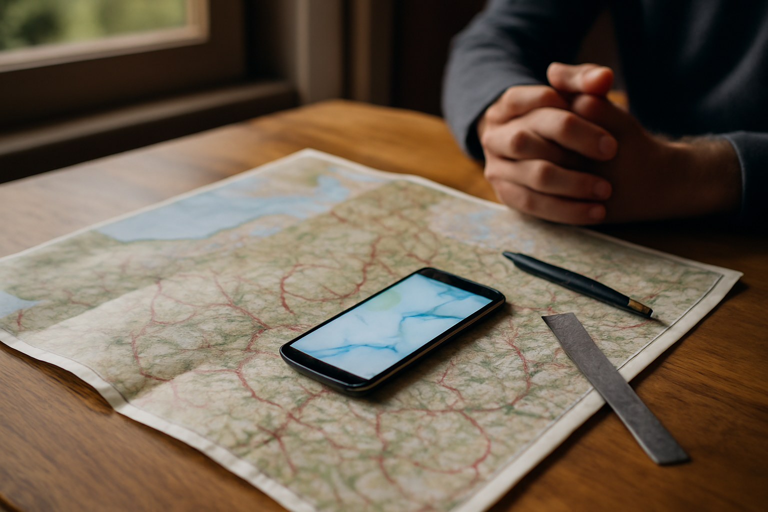 Picardie carte : vue réaliste d’une carte routière pliée sur une table, avec repères autour d’Amiens, Beauvais et Laon, lumière du jour