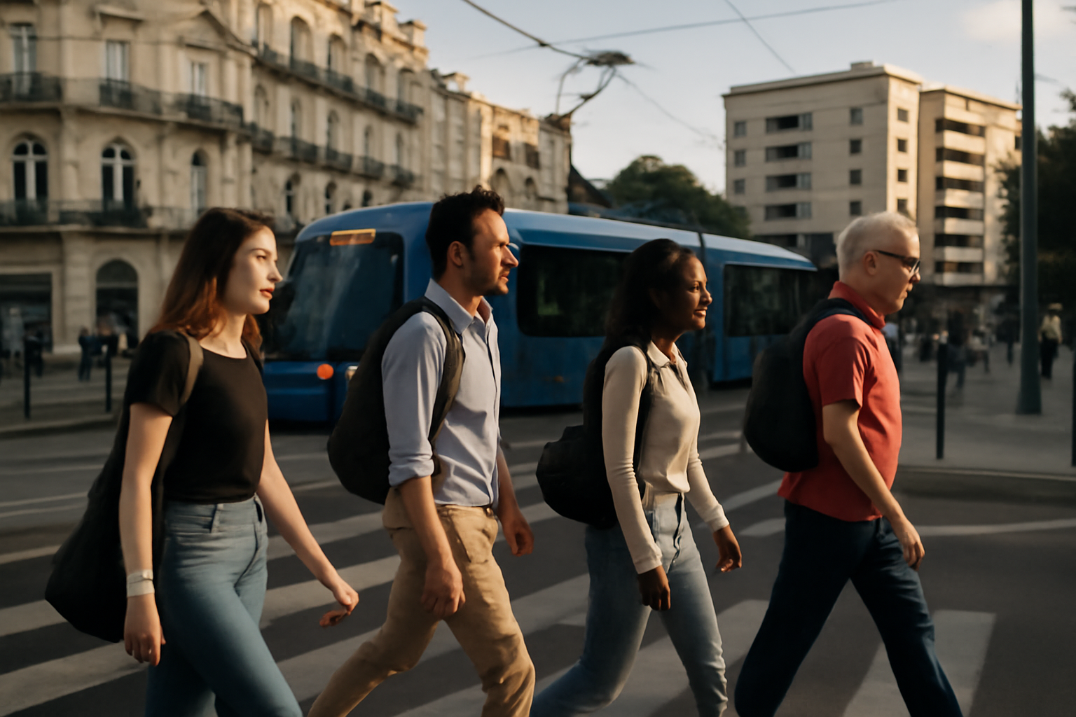 Quartier Montpellier : vue urbaine près de la ligne de tram, piétons et façades animées