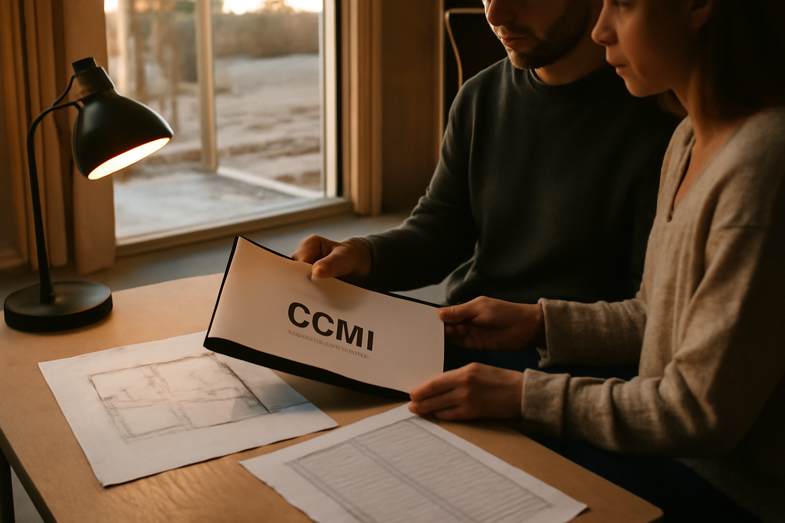 ccmi : contrat de construction de maison individuelle sur une table, plans et calendrier de chantier