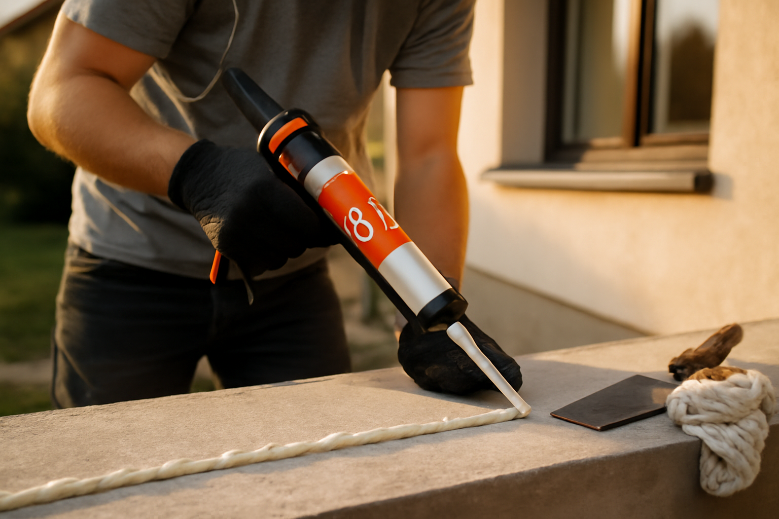 Colle PU appliquée au pistolet sur un support minéral, chantier résidentiel en extérieur
