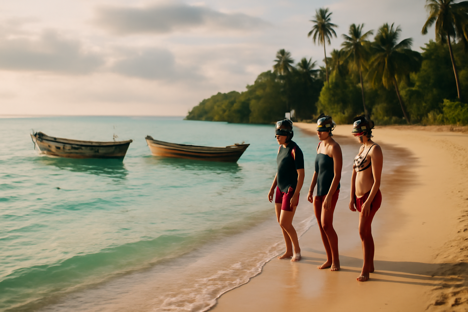 ile saint marie madagascar : plage de Nosy Boraha au lever du soleil, eaux turquoise et barques au mouillage