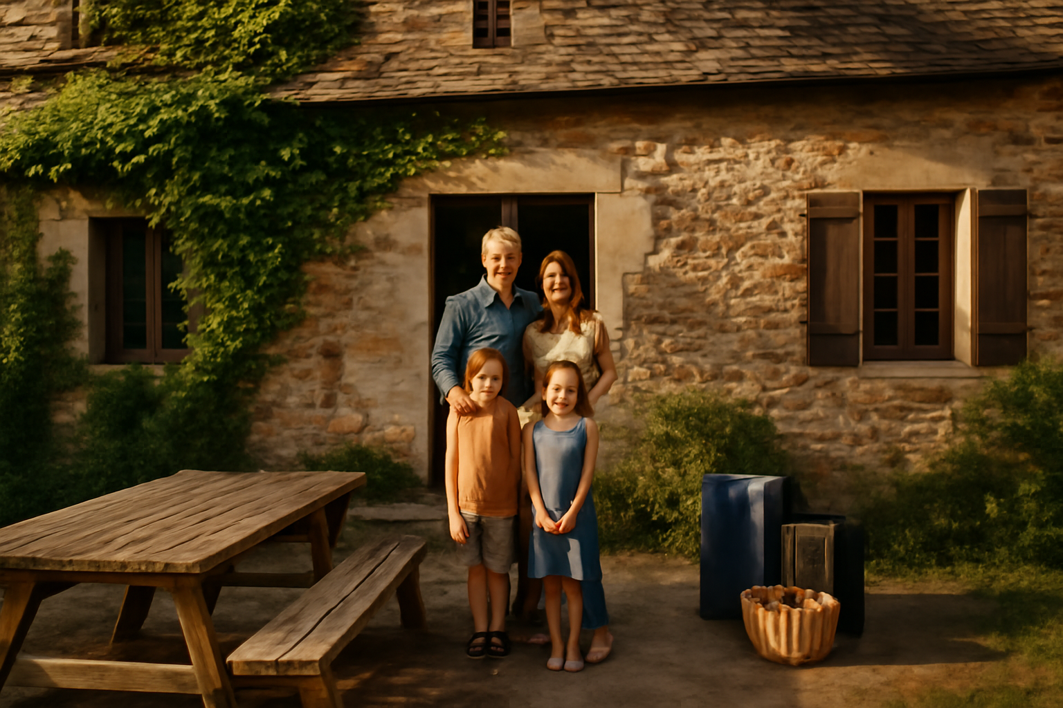 Maison en pierre en Corrèze pour une location vacances correze, terrasse au soleil et famille devant la porte