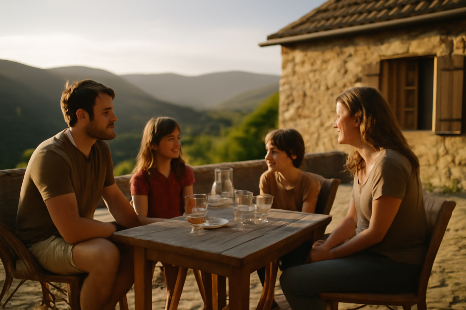 location vacances lozere : terrasse d’une maison en pierre en Lozère au coucher du soleil