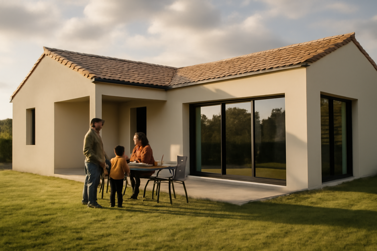 maison en l avec terrasse en angle et grandes baies vitrées, jardin charentais au soleil