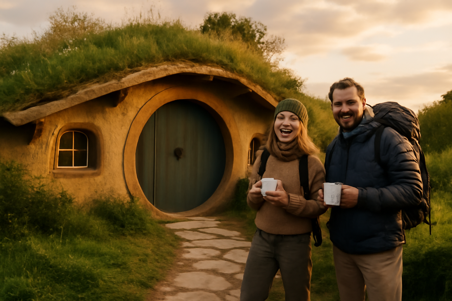 Maison hobbit en France, façade en terre et toit végétalisé au coucher du soleil, ambiance chaleureuse