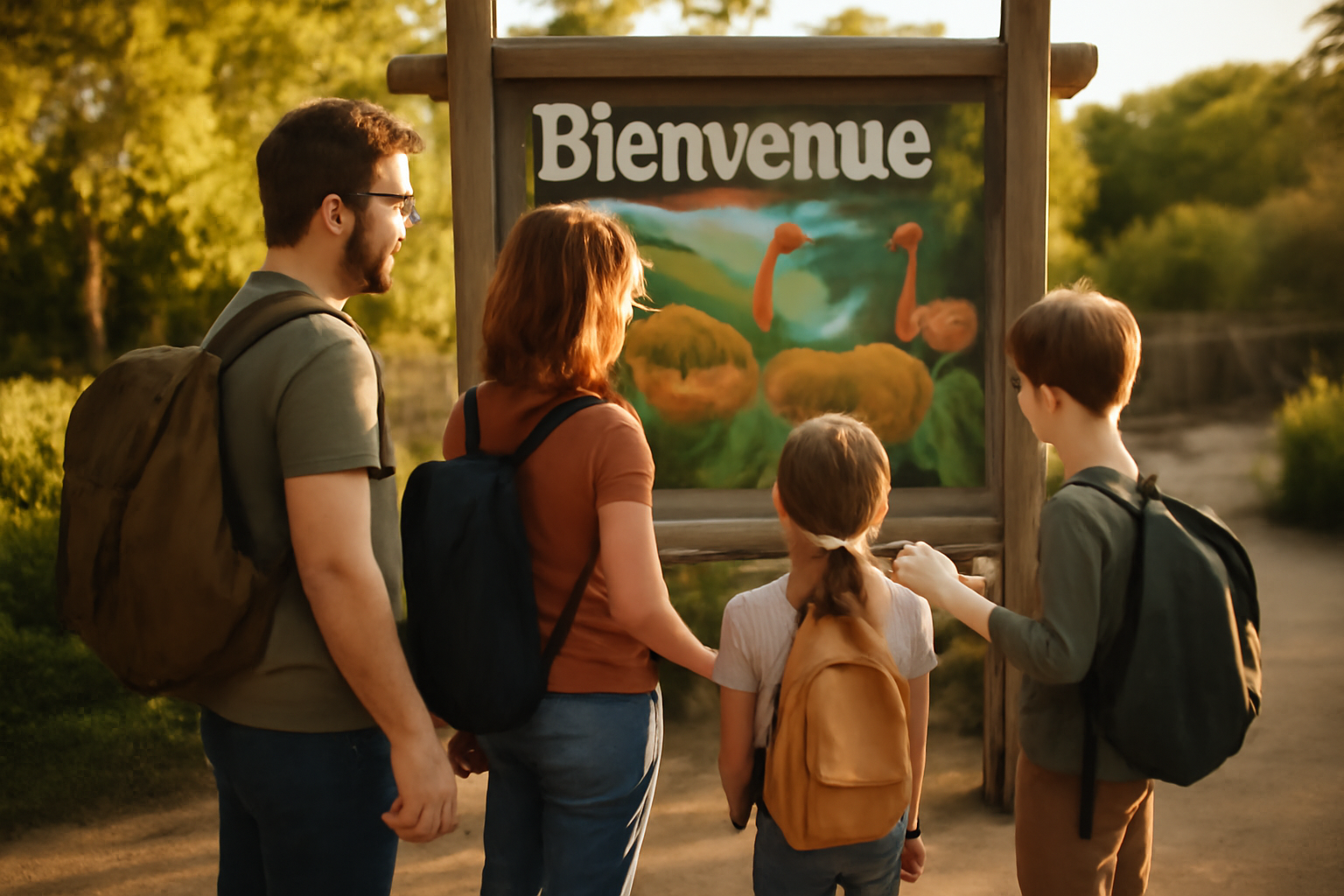 parc animalier autour de moi : famille devant l’entrée d’un zoo en France, lumière de fin d’après-midi
