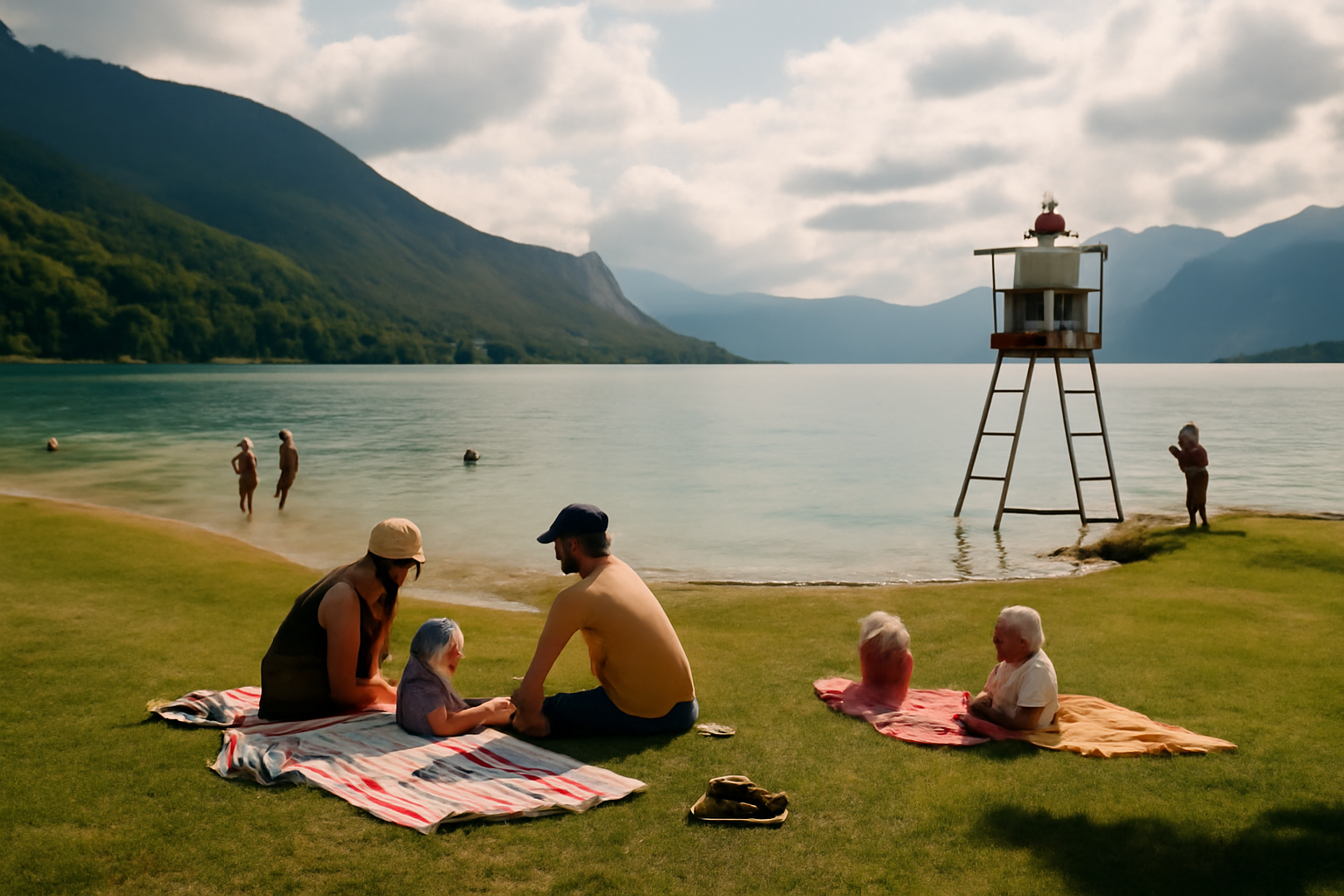 Plage de la brune à Veyrier-du-Lac : herbe, eau du Lac d’Annecy et baigneurs