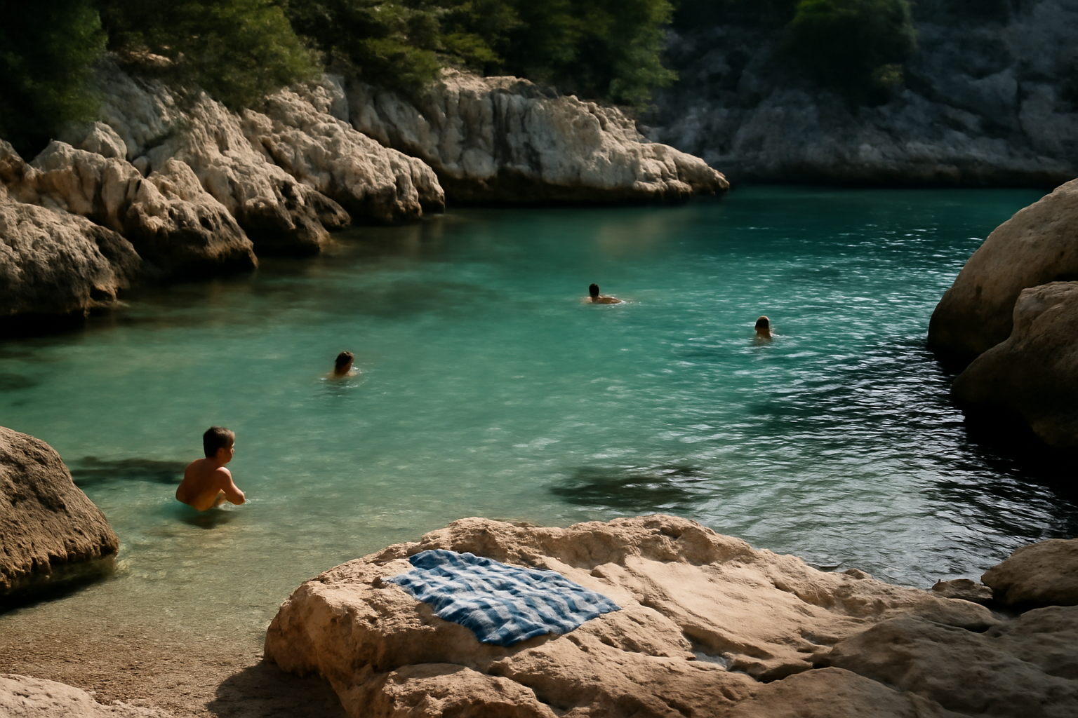Baignade dans une crique à Cassis, eau claire et rochers au soleil