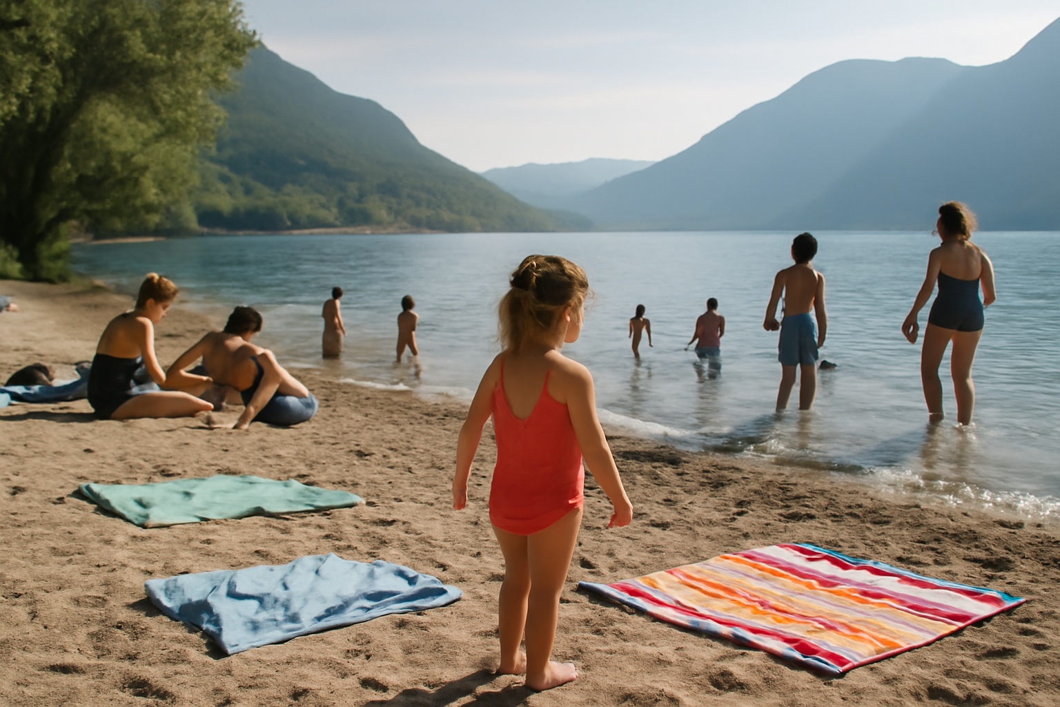 plage de doussard au lac d’Annecy, rivage et familles au bord de l’eau