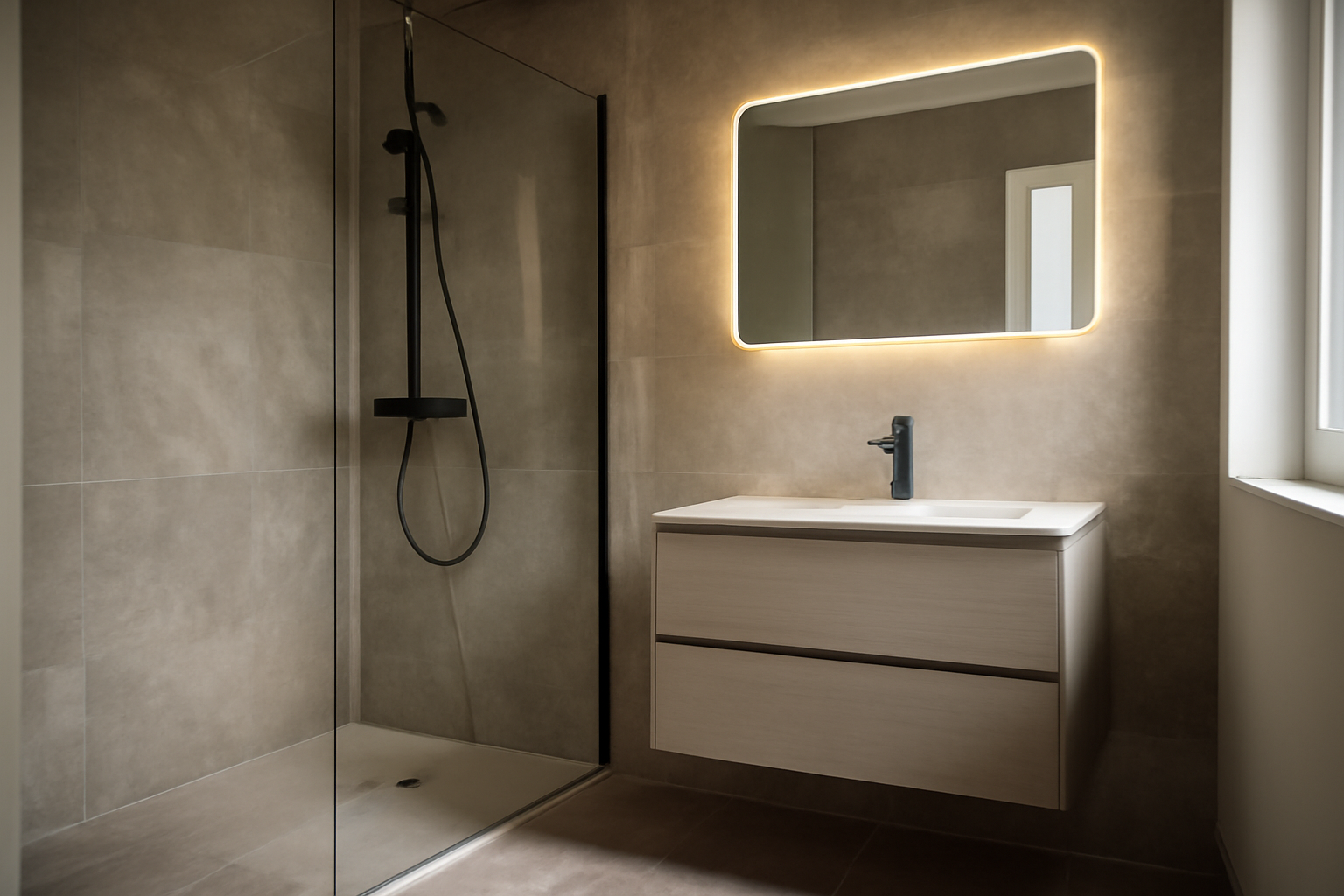 Salle de bain moderne avec douche à l’italienne, finitions mates et touches bois