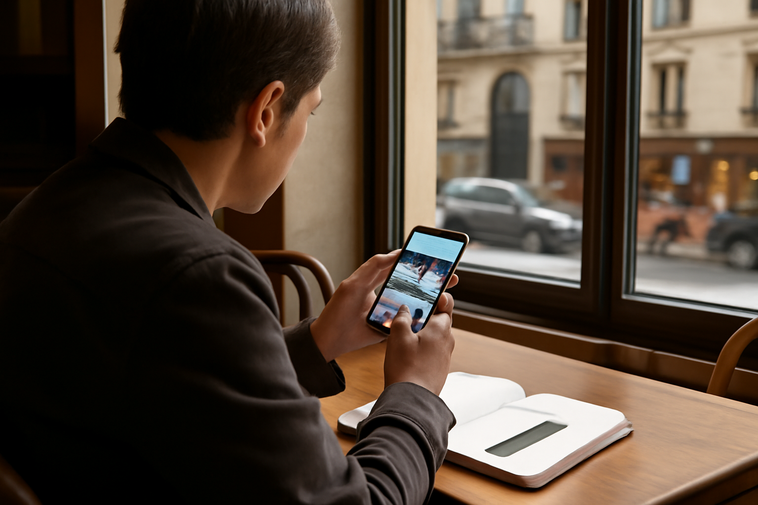 Recherche d’annonces à Paris sur un smartphone dans un café, lumière naturelle
