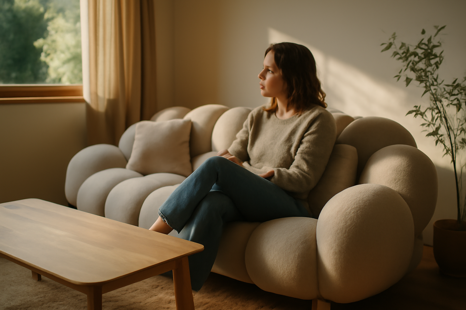 canapé nuage bubble et coussins gonflés dans un salon lumineux
