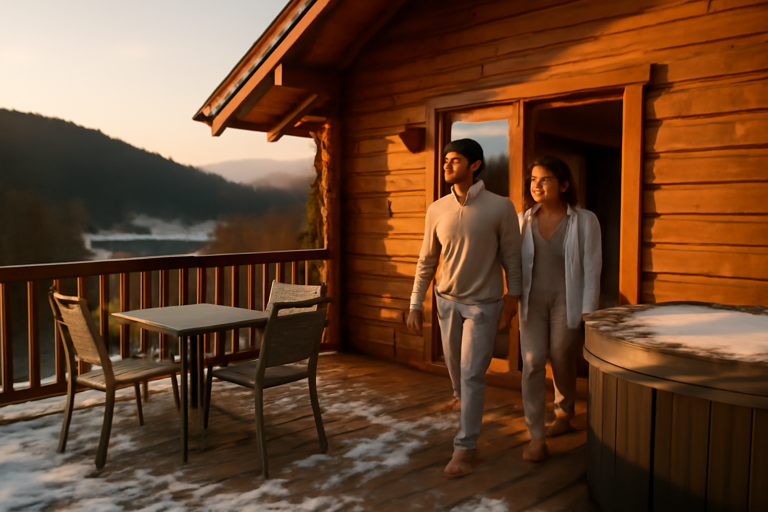 Chalet dans vosges en terrasse au coucher du soleil avec jacuzzi extérieur privatif