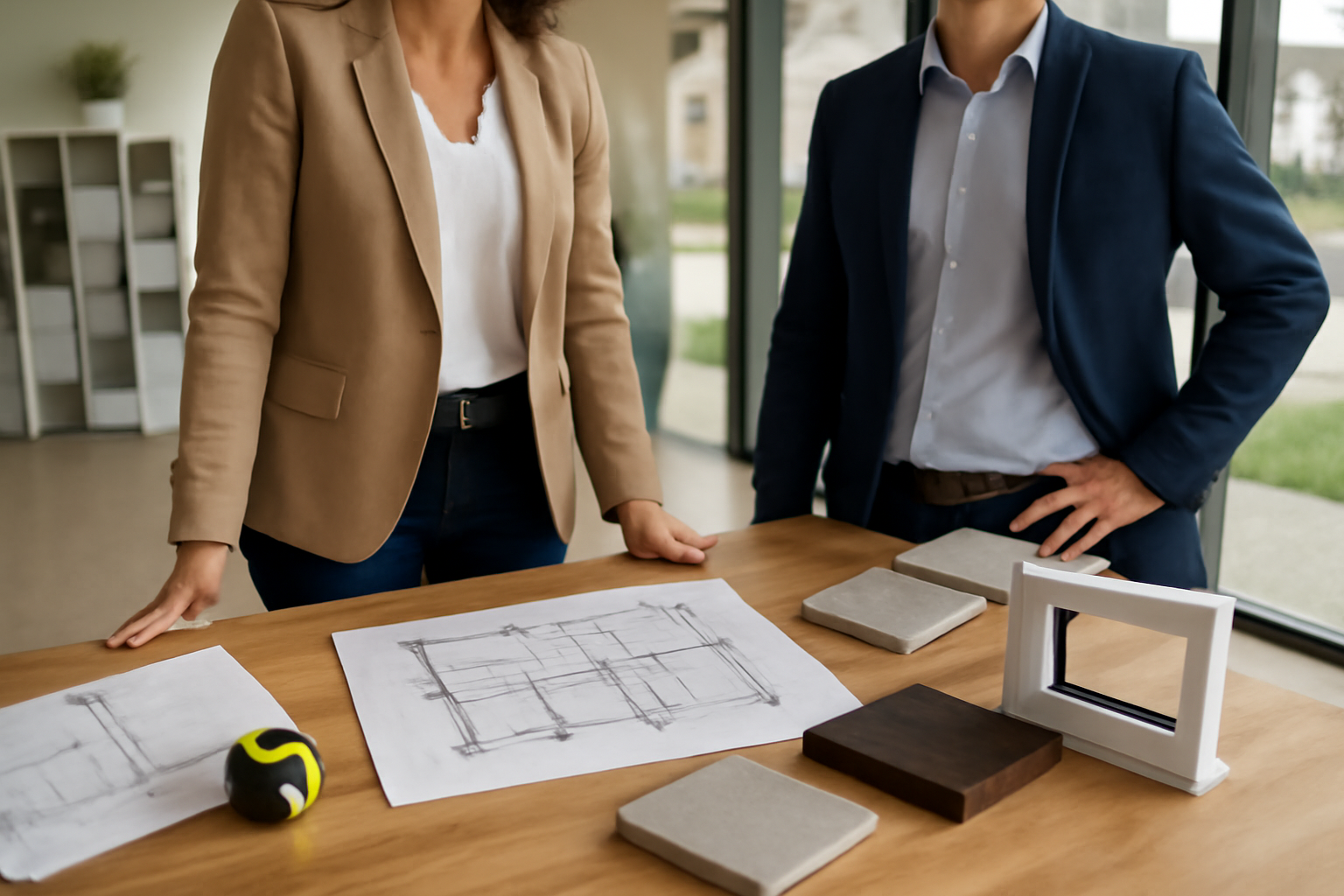 plan maison 4 chambres sur table avec plans et échantillons de matériaux, lumière naturelle