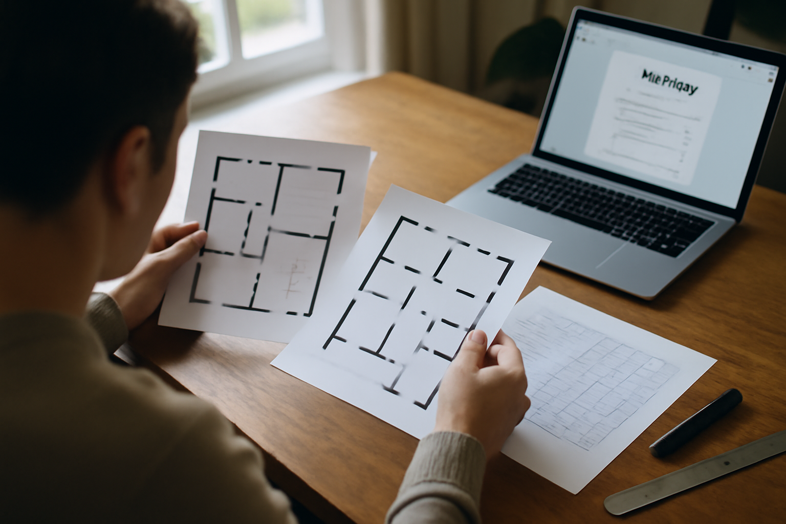 comparaison de plan maison 4 chambres avec grille de critères sur ordinateur portable